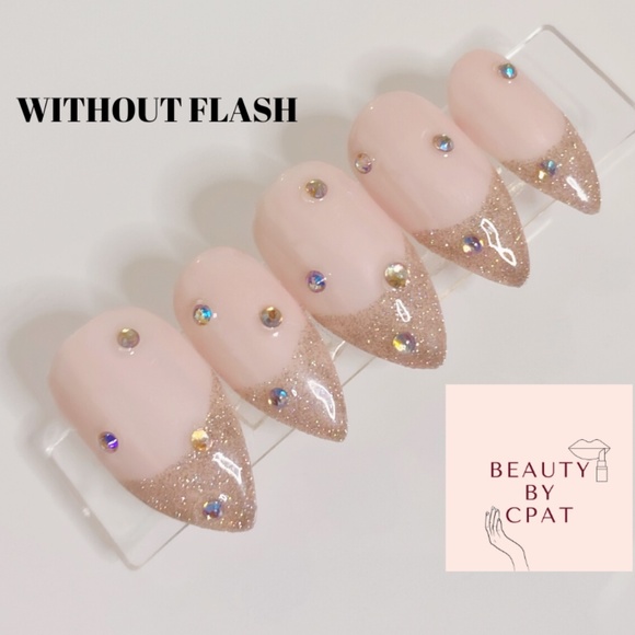 Rose Gold French Reflective Glitter w/ rhinestone's/bling Luxury Press On Nails - Picture 2 of 5